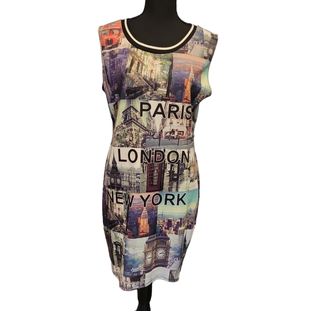 Love Chesley A line Sleeveless Paris, London, N.Y. Y2K Dress 95% polyester Sz L